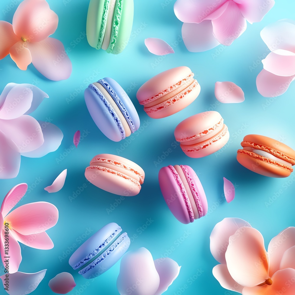 A vibrant arrangement of colorful macarons surrounded by delicate flower petals against a bright blue background. A vibrant arrangement of colorful macarons surrounded by delicate flower petals against a bright blue background.