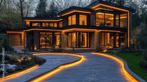 Luxurious contemporary houses with sleek design showcase warm LED lights outlining the driveway, enhancing evening beauty with vibrant illumination.