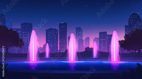 Vibrant urban fountain display at night with colorful lights and a city skyline in the background