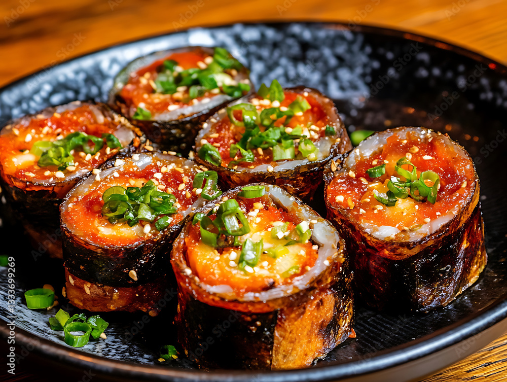 A delicious plate of sushi rolls garnished with green onions, showcasing vibrant colors and tempting textures A delicious plate of sushi rolls garnished with green onions, showcasing vibrant colors and tempting textures