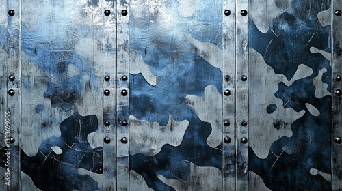 Metallic blue camouflage texture with rivets industrial background material