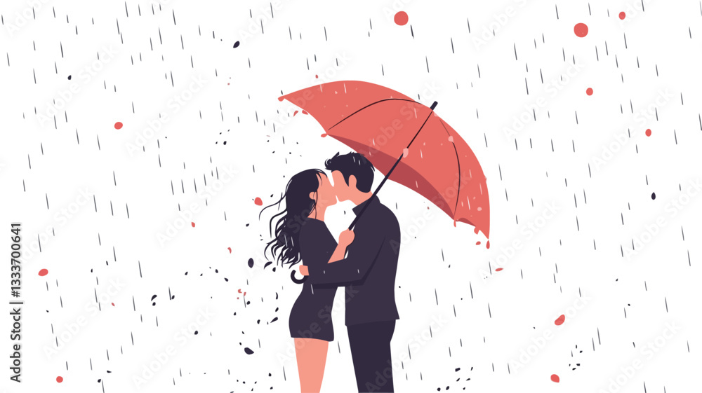 Fototapeta premium A digital illustration depicting a man and woman embracing and kissing under a red umbrella in the rain. The style is minimalist and flat, with simple lines and solid colors. The background is