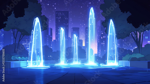 Illuminated fountain display in a city park at night, surrounded by skyscrapers and trees