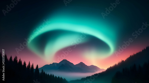 Vibrant Aurora Borealis Display Over Silhouetted Forest and Mountains