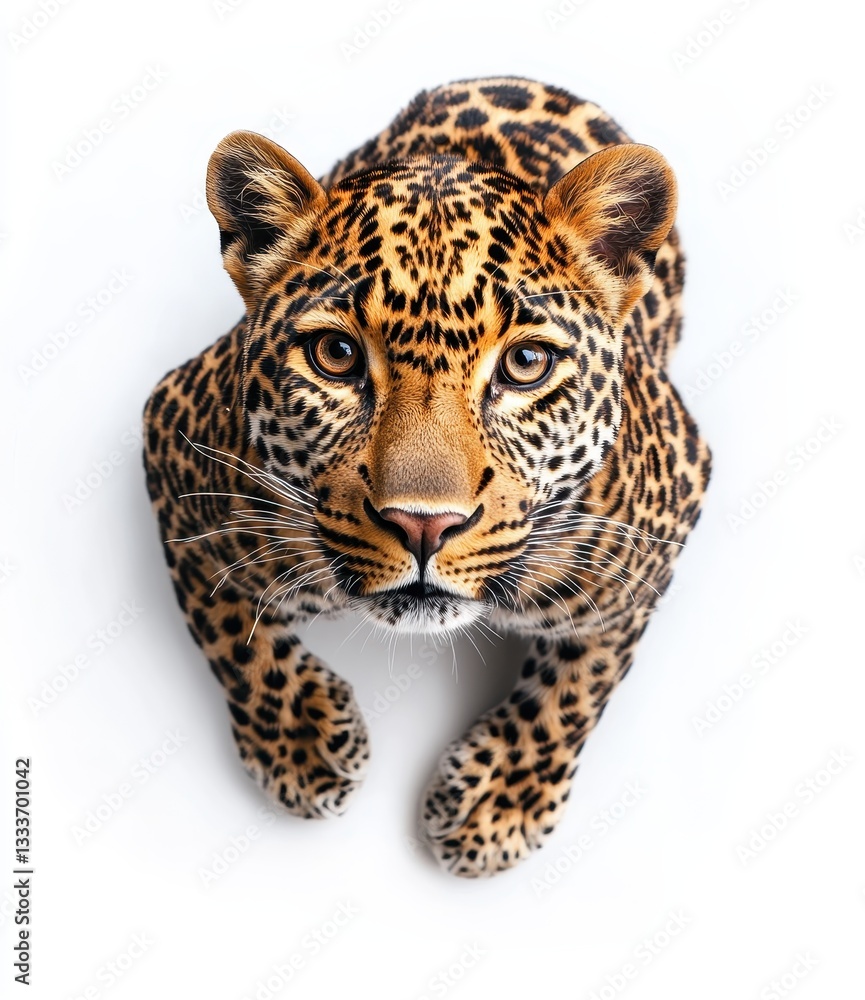 Fototapeta premium Close-Up Portrait of a Majestic Leopard Captured from Above with Striking Features and Unique Patterns on Its Fur Against a Light Background