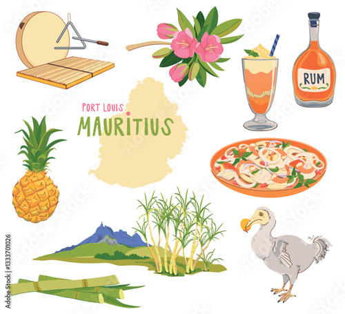 Mauritius map, landmarks of the island in flat style. Vector sugar cane, Peter mountain, endemic Dodo bird, trochetia boutoniana flowers, pineapple, falooda, millionaire salad, Sega music instruments.