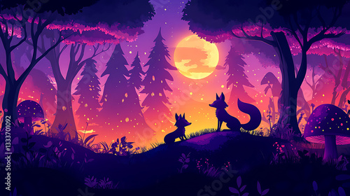Enchanted forest scene at twilight featuring two foxes silhouetted against a glowing moon
