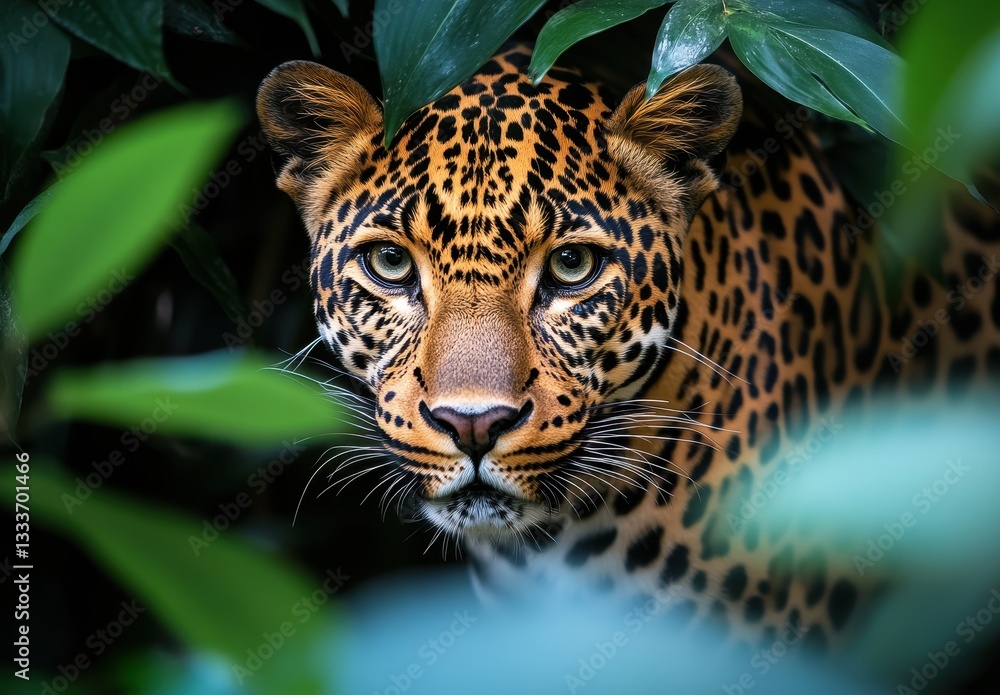 Close-Up Portrait of a Majestic Leopard in a Dense Tropical Jungle Surrounded by Lush Green Leaves and Shadows of Nature's Beauty Close-Up Portrait of a Majestic Leopard in a Dense Tropical Jungle Surrounded by Lush Green Leaves and Shadows of Nature's Beauty
