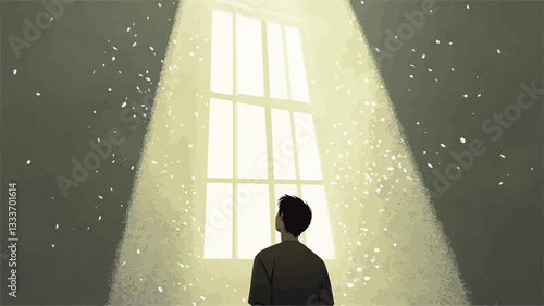 Digital illustration depicting a man standing with his back to the viewer, gazing upwards at a window through which a bright beam of light shines.  The light creates a luminous effect, with small
