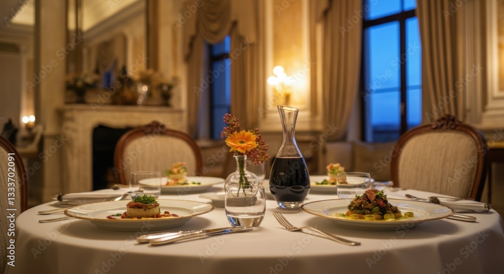 Elegant fine dining experience in luxurious restaurant with evening ambiance Elegant fine dining experience in luxurious restaurant with evening ambiance