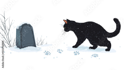 Digital illustration depicting a black cat crouching near a small, grey headstone in a snowy landscape. The cat is rendered with fine detail, showing a slightly speckled texture to its fur.  The