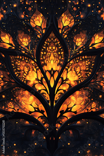 Abstract golden floral pattern with intricate designs and glowing elements set against a dark background