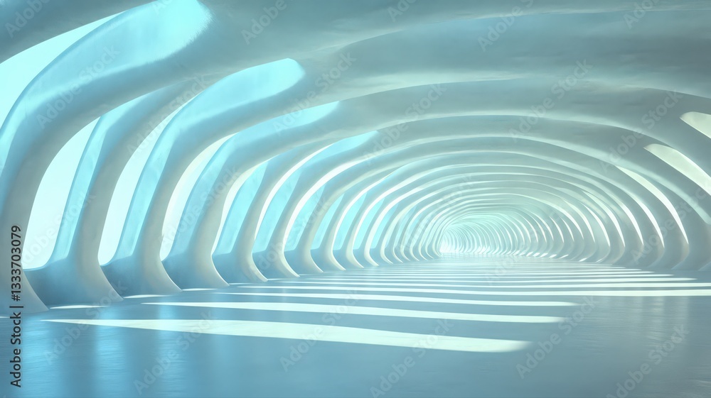Naklejka premium Abstract Futuristic Tunnel: Pale Blue Lighting and White Curves