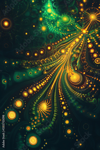 Abstract swirling patterns of golden orbs and green hues creating a mesmerizing digital artwork