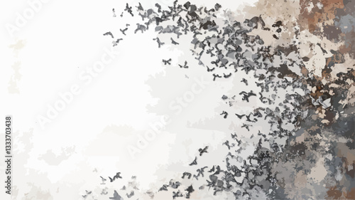 The image is an abstract aerial shot depicting a large flock of birds in flight. The birds are predominantly dark-colored against a lighter background, creating a high-contrast effect. The overall