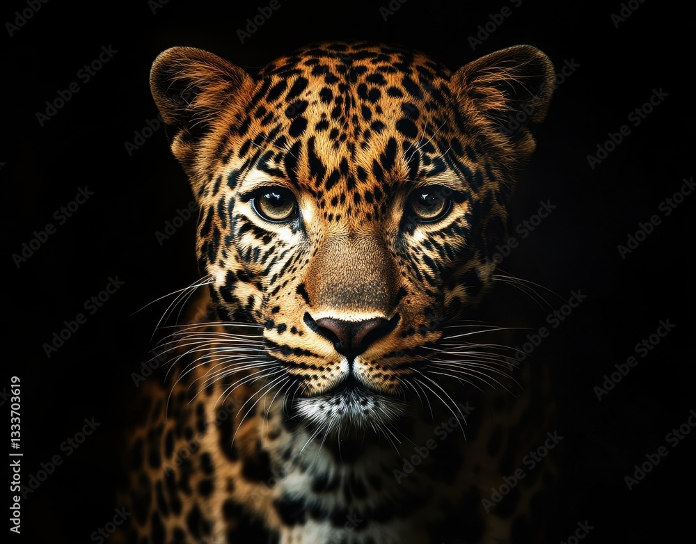 Naklejka premium Close-Up Portrait of a Majestic Leopard with Striking Spots Against a Dark Background, Showcasing the Animal's Distinct Features and Intense Gaze