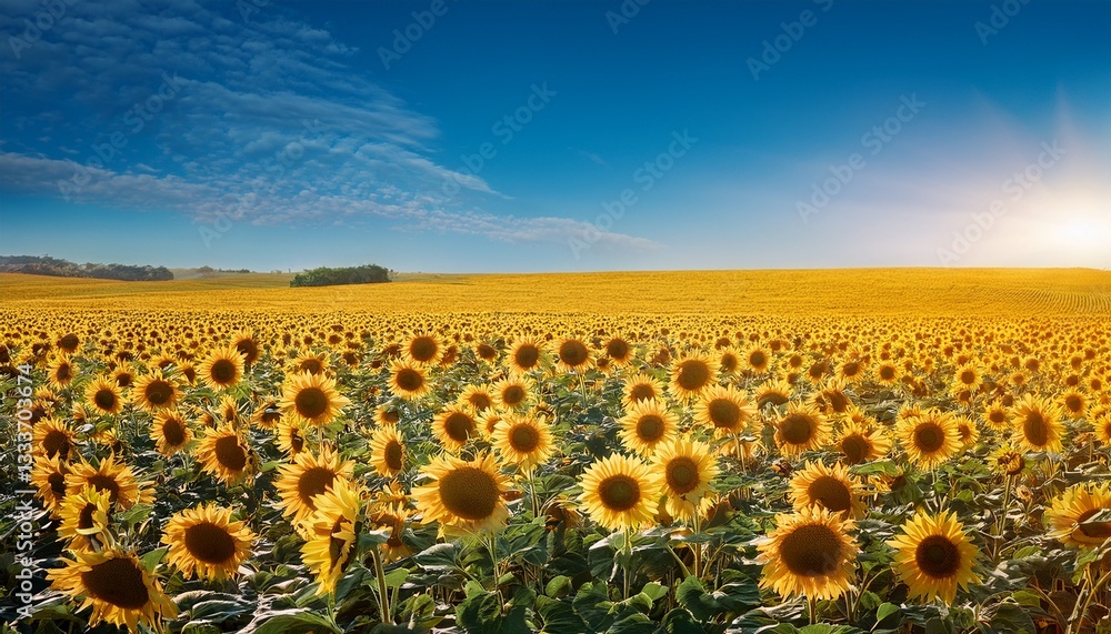Fototapeta premium a vast field of bright sunflowers under a clear summer sky