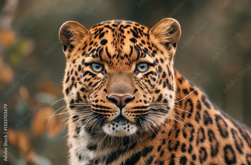 Obraz premium Close-Up Portrait of a Majestic Leopard with Striking Spots and Intense Blue Eyes Surrounded by Natural Background in Soft Focus