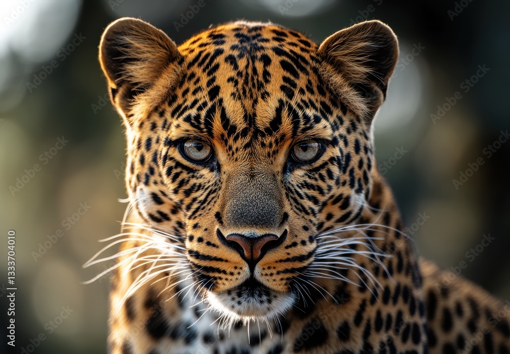 Naklejka premium Close-Up Portrait of a Majestic Leopard with Striking Spots and Intense Gaze Captured in Natural Habitat, Perfect for Wildlife Photography Enthusiasts