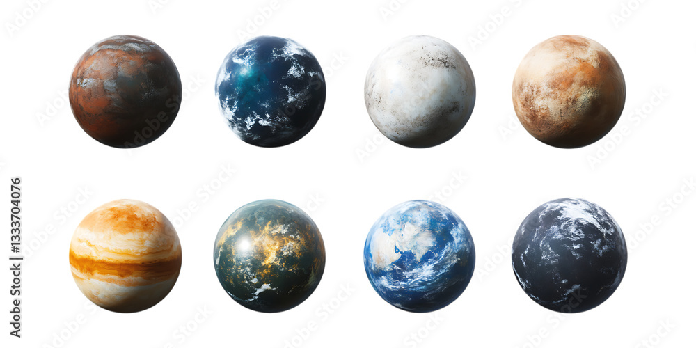 Obraz premium A set of eight diverse celestial bodies resembling planets or moons arranged for educational space graphics isolated on transparent background.