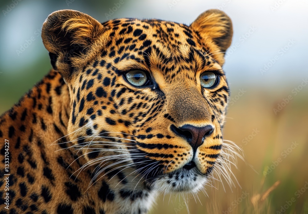 Obraz premium Close-Up Portrait of a Majestic Leopard with Striking Spots and Mesmerizing Green Eyes Against a Soft Natural Background