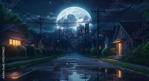 Solitary Pathway Framed by Power Lines and Skyscrapers