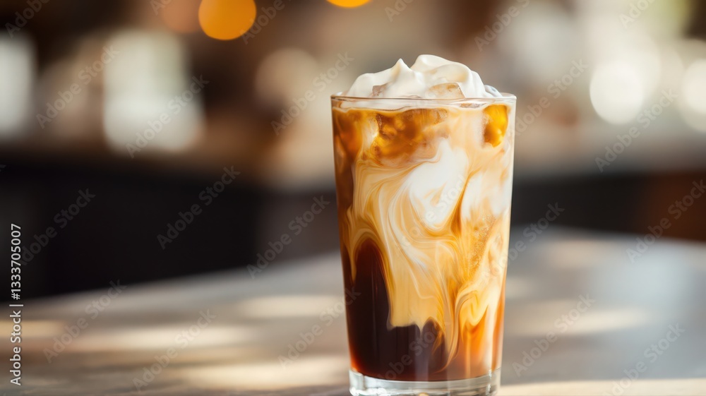 Iced Coffee with Whipped Cream in Glass on Wooden Table Iced Coffee with Whipped Cream in Glass on Wooden Table