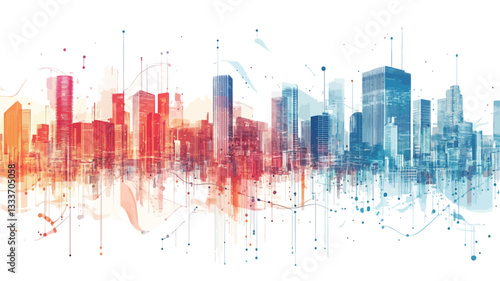 The image is a stylized illustration of a city skyline rendered in a watercolor or paint-splatter style.  The buildings are depicted in a spectrum of bright, saturated colors, ranging from warm