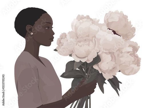 Digital illustration depicting a young Black woman in profile view, slightly turned away from the viewer. She has short dark hair and wears small earrings and a mauve-toned dress.  She is holding a