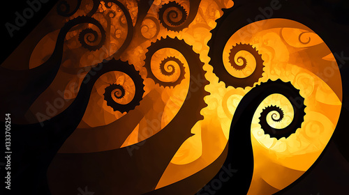 Abstract swirling patterns of golden spirals and shadows creating a mesmerizing visual effect