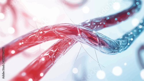 Close-up, abstract 3D rendering of a double helix structure. The image features two intertwined strands rendered in shades of red and blue, with a translucent, crystalline or glassy texture. The