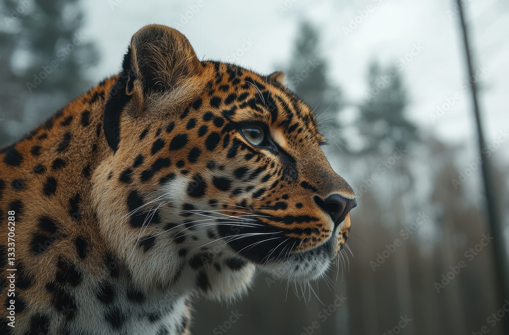 Obraz premium Close-up Profile of a Majestic Leopard in a Natural Habitat Surrounded by Trees and Soft Ambient Light