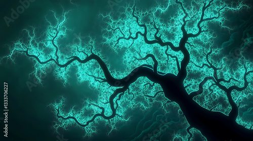 Abstract representation of a glowing, intricate tree branch against a dark, atmospheric background
