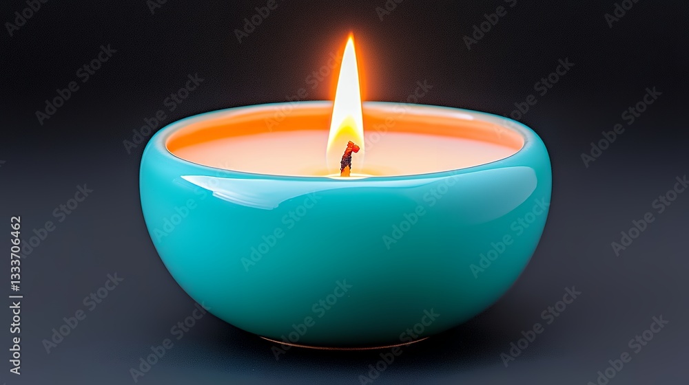 Burning Teal Candle in a Round Bowl on Dark Background