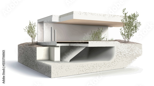 A digital rendering of an architectural model depicting a modern concrete house.  The model utilizes a cutaway section view, revealing the interior structure, foundation, and landscaping elements.