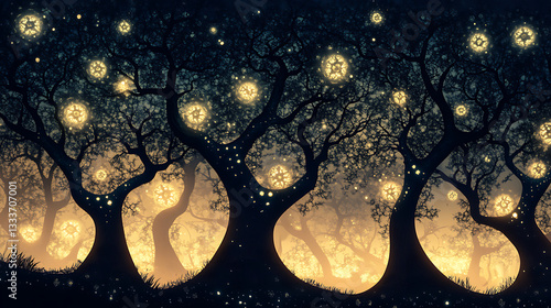 Enchanted forest at twilight with glowing trees and star-like lights illuminating the scene