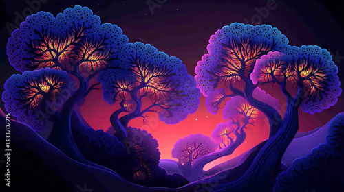 Enchanted forest at twilight with glowing trees and vibrant colors, creating a magical atmosphere