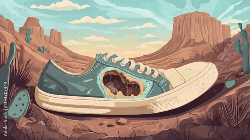 Digital illustration depicting a single worn-out sneaker lying on the ground in a desert landscape. The sneaker shows signs of wear and tear, with holes and discoloration. The background features