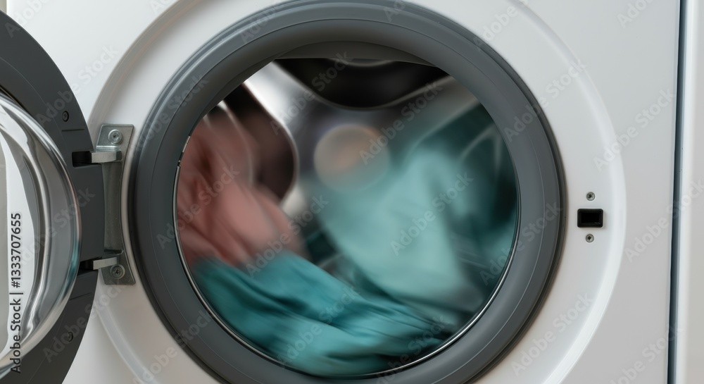 Vibrant laundry swirling inside front-load washer Vibrant laundry swirling inside front-load washer