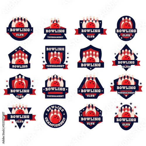 Bowling Badge illustration set. Includes of bowling emblem, bowling logo, bowling club badge, bowling tournament, bowling championship, and More. Vector flat color collection