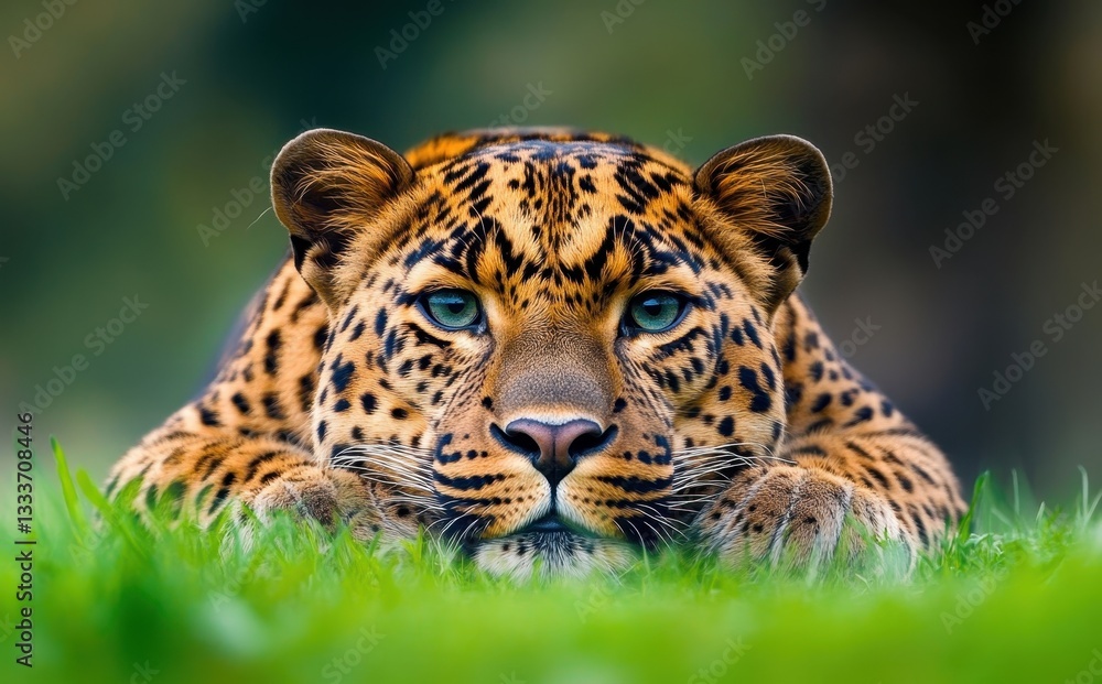 Obraz premium Close-Up View of a Leopard Lying in Grass with Intense Green Eyes and Distinctive Coat Pattern in Natural Habitat During Wildlife Photography Session