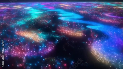 A bright blue planet earth floats in the deep, dark cosmos, a star-speckled fantasy of the universe