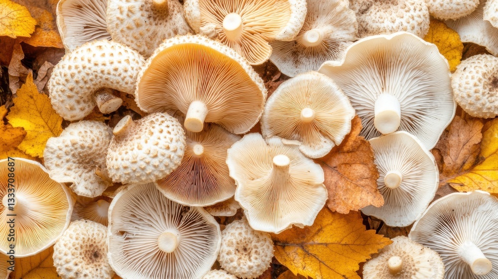 Diverse Collection of Mushrooms on Colorful Autumn Leaves Diverse Collection of Mushrooms on Colorful Autumn Leaves