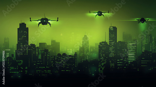 Futuristic skyline at dusk with drones flying over a neon-lit cityscape, showcasing urban technology