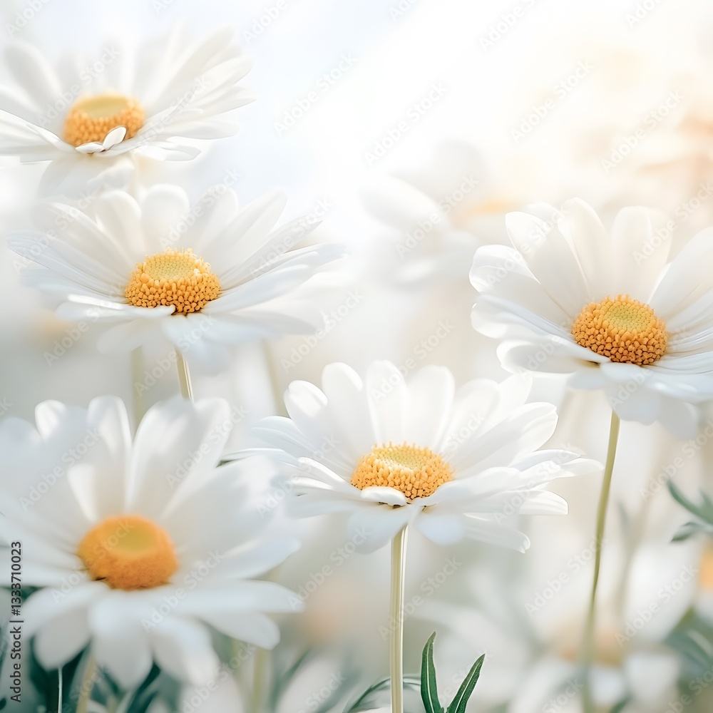 Fototapeta premium Closeup Blooming White Daisies Field Soft Light