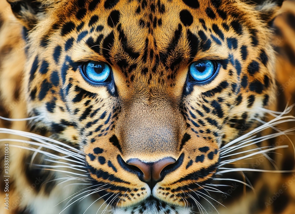 Fototapeta premium Close-Up View of a Majestic Leopard with Striking Blue Eyes and Intricate Fur Patterns in Natural Habitat, Emphasizing Wild Beauty and Power