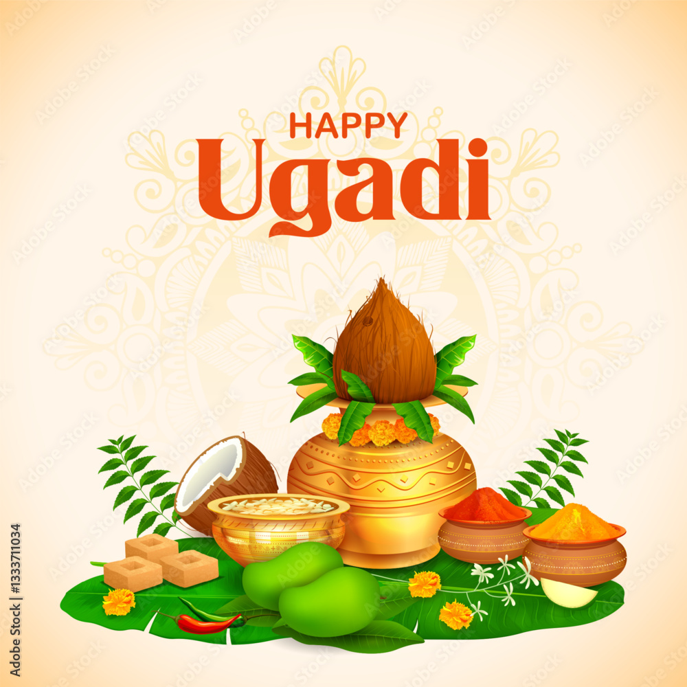 Fototapeta premium Ugadi traditional festival holiday background for the New Year s Day for the states of Andhra Pradesh, Telangana, and Karnataka in India