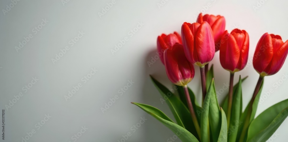 Obraz premium Red tulips with slender stems and dark green, pointed leaves, plant care