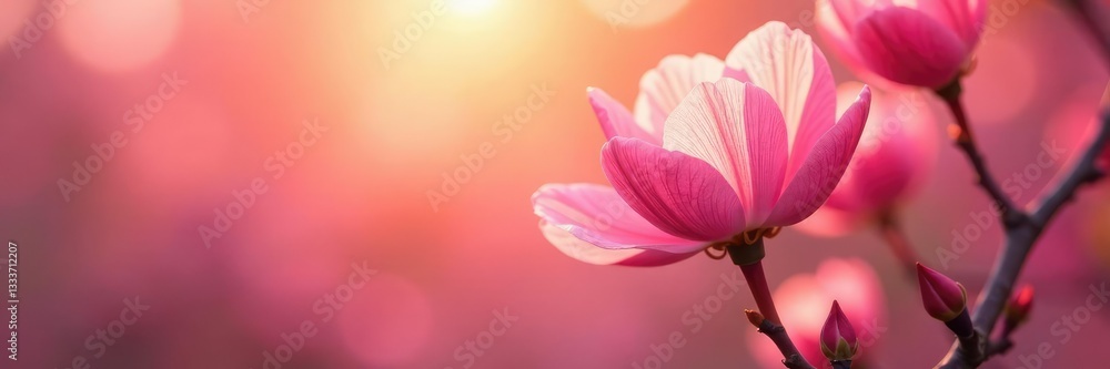 Soft pink petals swaying gently in the breeze, spring, sunset Soft pink petals swaying gently in the breeze, spring, sunset