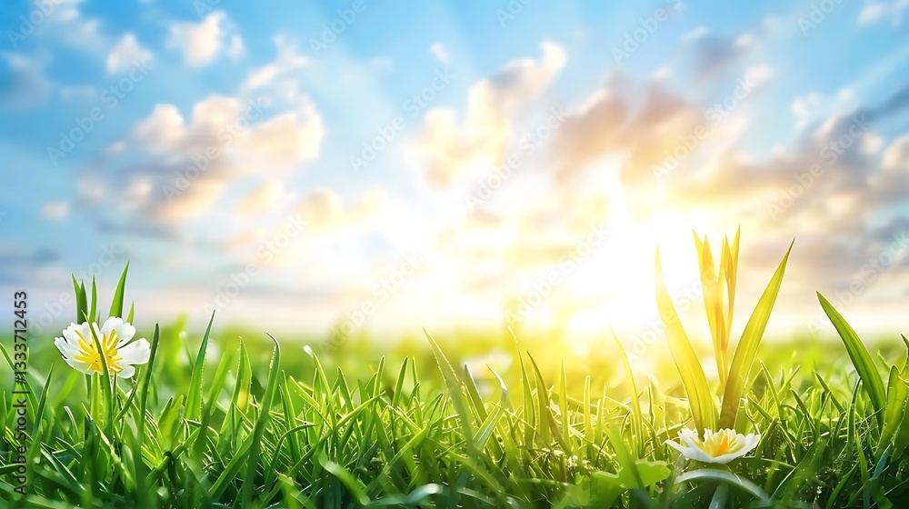 Bright Sunrise Over Lush Green Grass With Beautiful Flowers and Soft Clouds in the Sky Bright Sunrise Over Lush Green Grass With Beautiful Flowers and Soft Clouds in the Sky